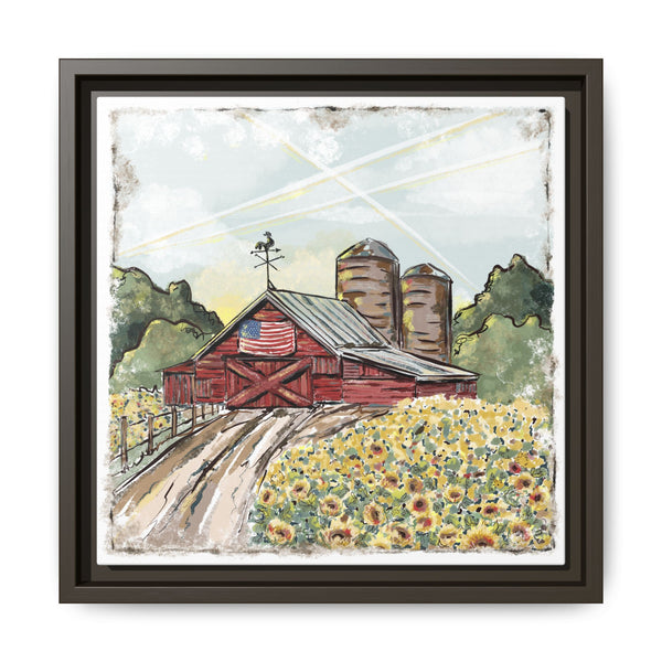 Framed Farmhouse Canvas Art - Rustic American Barn with Sunflowers
