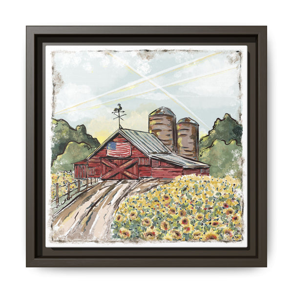 Framed Farmhouse Canvas Art - Rustic American Barn with Sunflowers