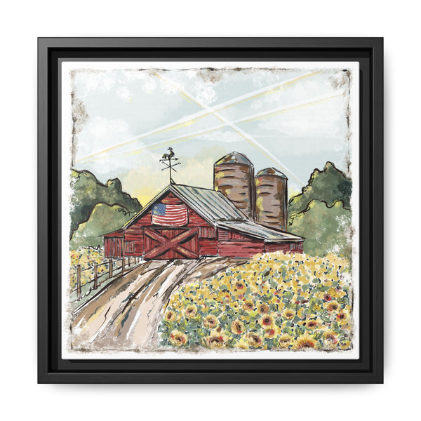 Framed Farmhouse Canvas Art - Rustic American Barn with Sunflowers