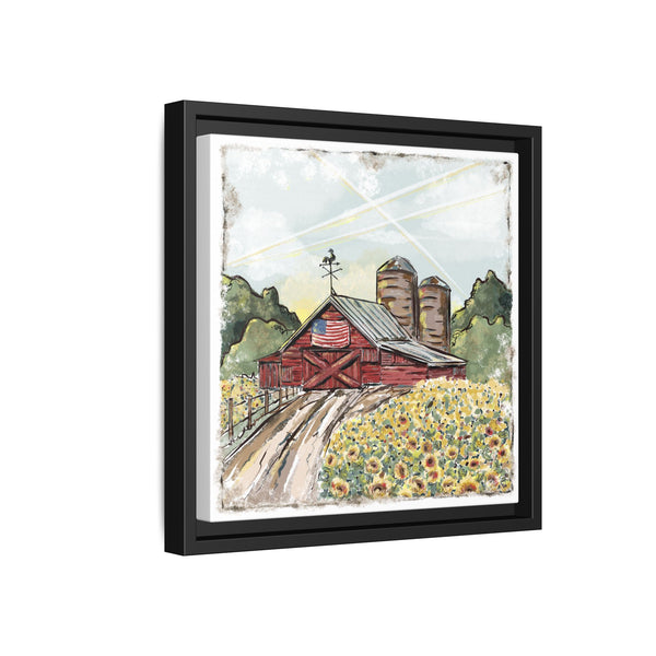 Framed Farmhouse Canvas Art - Rustic American Barn with Sunflowers