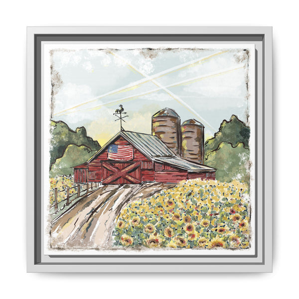 Framed Farmhouse Canvas Art - Rustic American Barn with Sunflowers