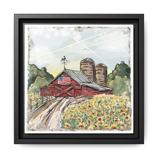 Framed Farmhouse Canvas Art - Rustic American Barn with Sunflowers