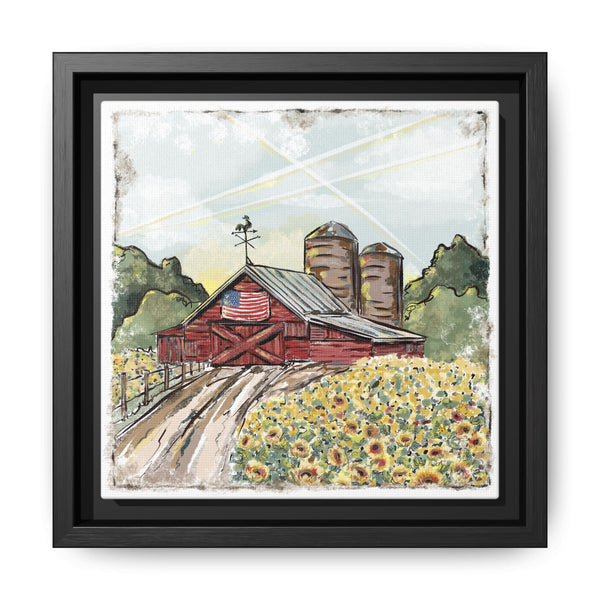 Framed Farmhouse Canvas Art - Rustic American Barn with Sunflowers