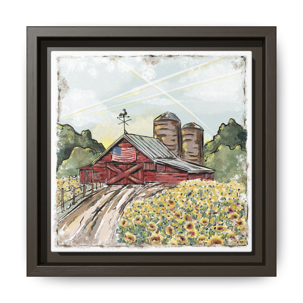 Framed Farmhouse Canvas Art - Rustic American Barn with Sunflowers