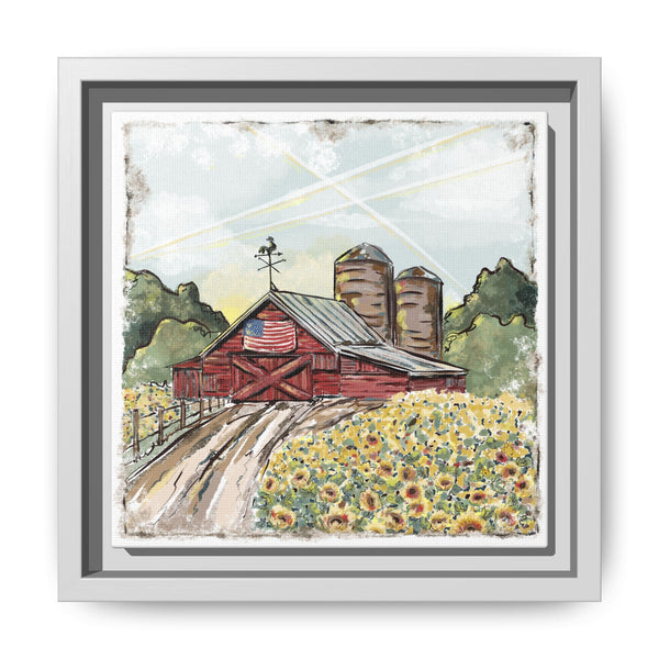 Framed Farmhouse Canvas Art - Rustic American Barn with Sunflowers