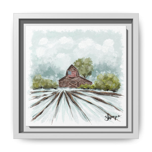 Framed Canvas Art - American Flag Barn
