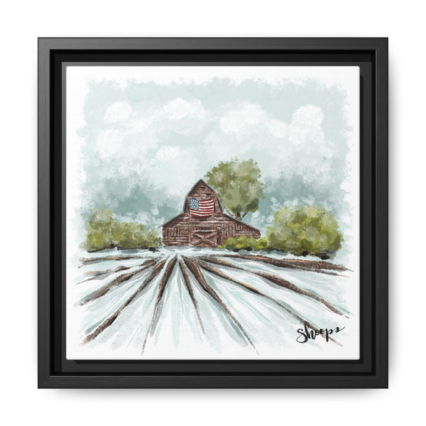 Framed Canvas Art - American Flag Barn