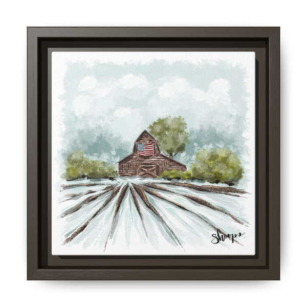 Framed Canvas Art - American Flag Barn