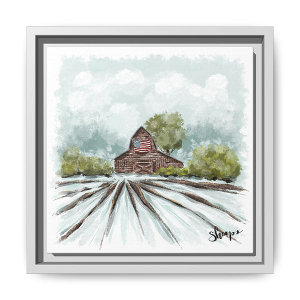 Framed Canvas Art - American Flag Barn