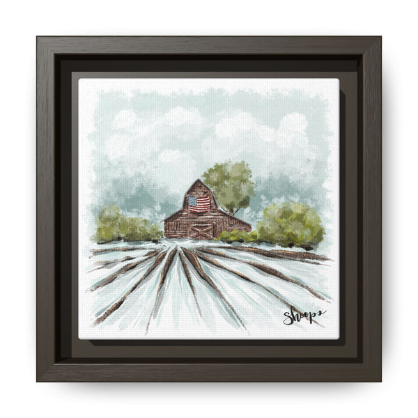 Framed Canvas Art - American Flag Barn