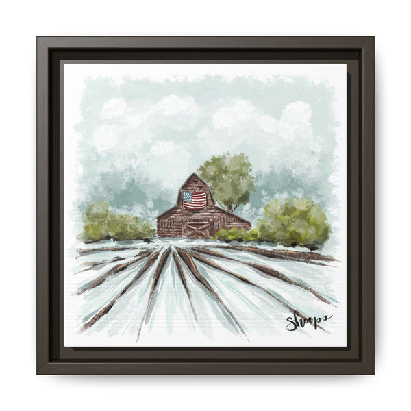 Framed Canvas Art - American Flag Barn