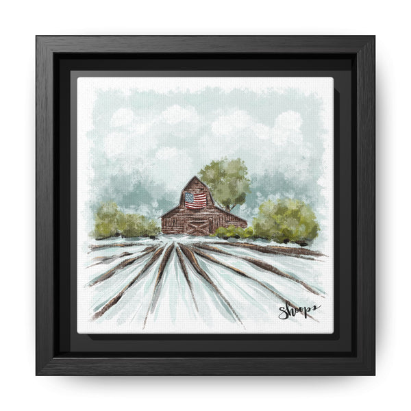 Framed Canvas Art - American Flag Barn