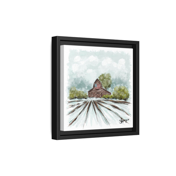 Framed Canvas Art - American Flag Barn
