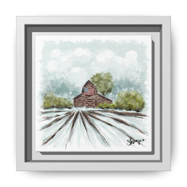 Framed Canvas Art - American Flag Barn