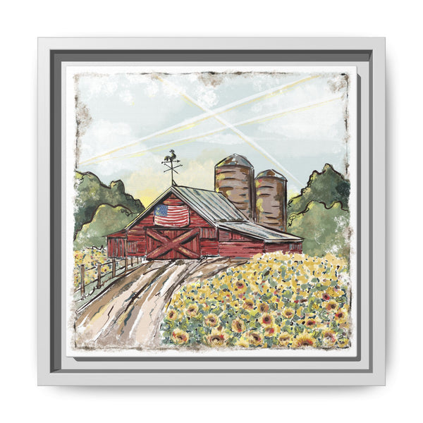 Framed Farmhouse Canvas Art - Rustic American Barn with Sunflowers