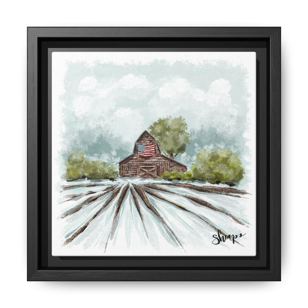 Framed Canvas Art - American Flag Barn