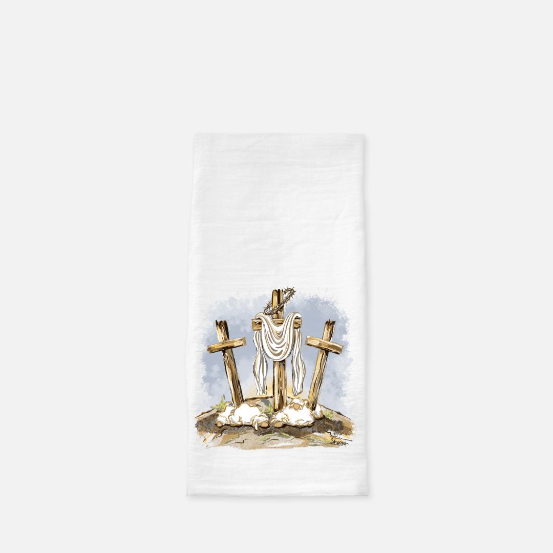 Easter Tea Towel (Flour Sack) Three Wooden Crosses